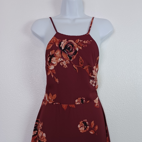 Lulu's Rancho Burgundy Floral Print Lace-Up Maxi Dress Women's Size S - Picture 7 of 14